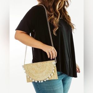 Hillock Straw Pom Pom Wristlet Crossbody Cream BRAND NEW